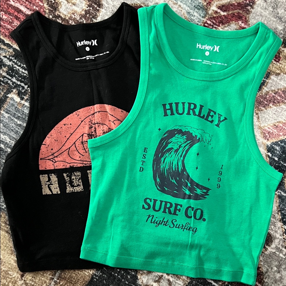 Hurley Tank Tops - Black and Green Wave Design